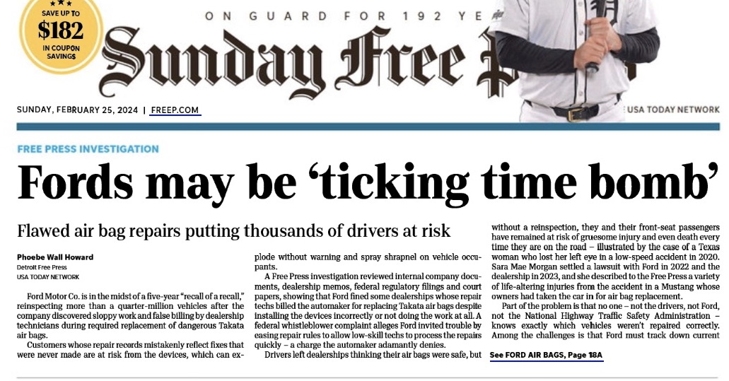 The next time an ignoramus who doesn't follow the news tells you there is no more investigative reporting, show them this important and fearless expose´ in today's Detroit Free Press <a href="/freep/">Detroit Free Press</a>.
It's about a major local employer and the shoddy replacement of defective airbags: