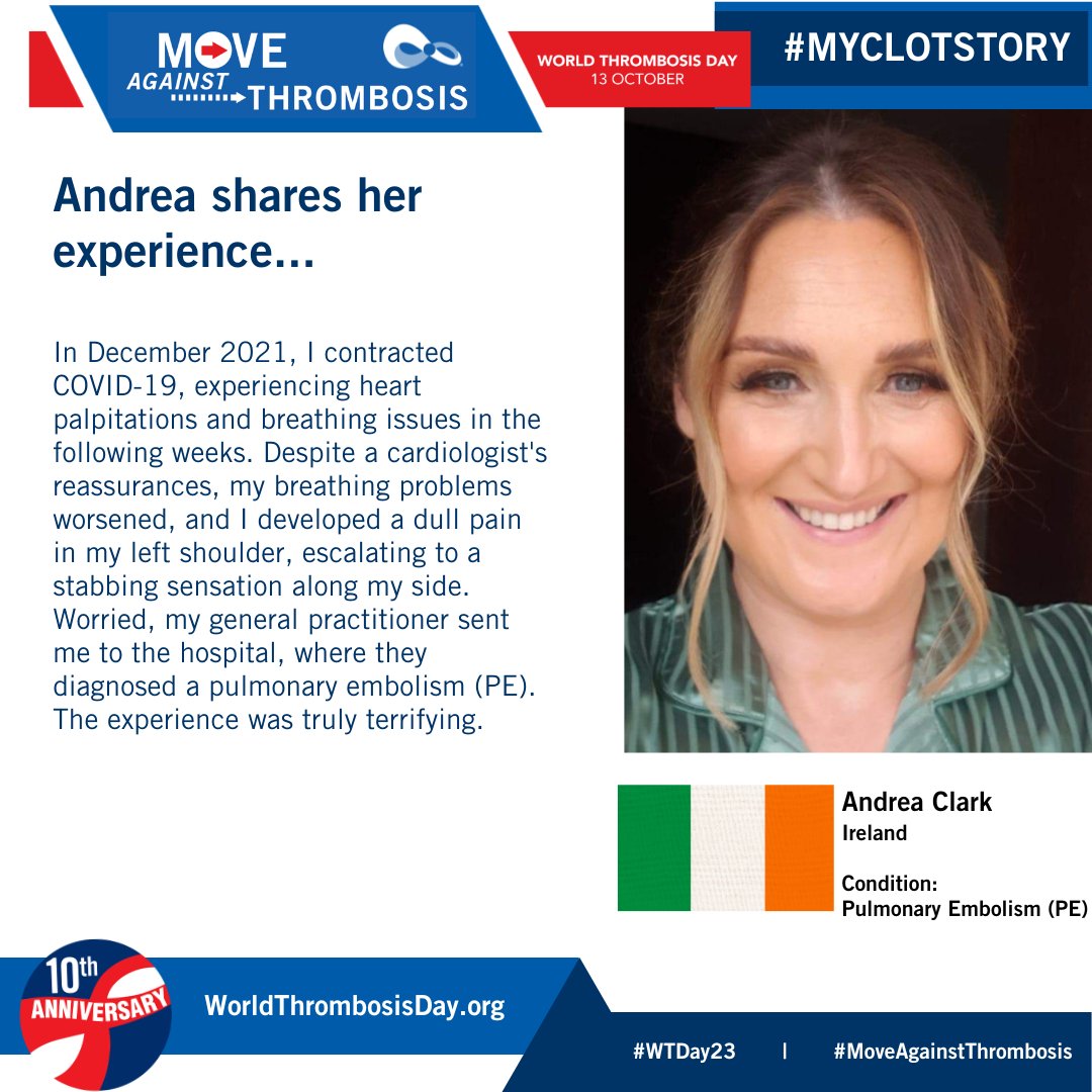 #MyClotStory: Andrea Clark experienced heart palpitations and breathing issues after falling ill. Despite reassurances from a cardiologist, her condition worsened. Developing shoulder pain, she was sent to the hospital by her GP where they diagnosed a PE. #WTDay24