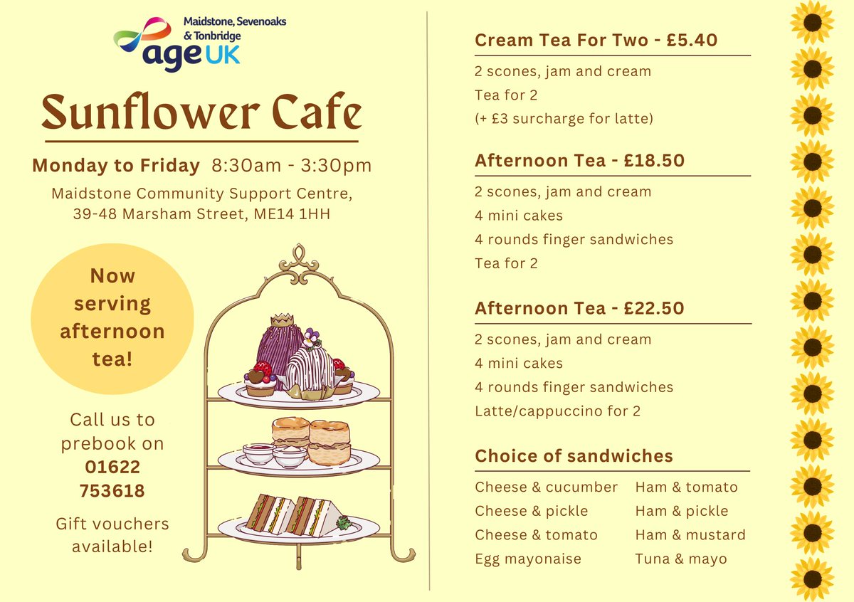 ageukmst's tweet image. Mother&apos;s Day is fast approaching on the 10th March, why not treat a loved one to a scrumptious afternoon tea or cream tea at our Sunflower Cafe?

If you are planning to enjoy an afternoon tea with us please call 01622 753618 to pre-book.

#Maidstone