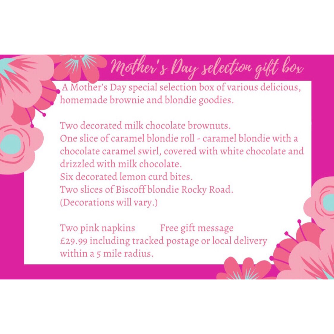 alwaystimefora's tweet image. Mother’s Day special selection box. Pre order today. #selectionbox #mothersday #mothersdaygift #browniegift #blondiegift #brownies #blondies #homemade #postalbrownies #postalblondies #browniesbypost #blondiesbypost #homebaking #giftideas #whitefield #bury #radcliffe #ramsbottom