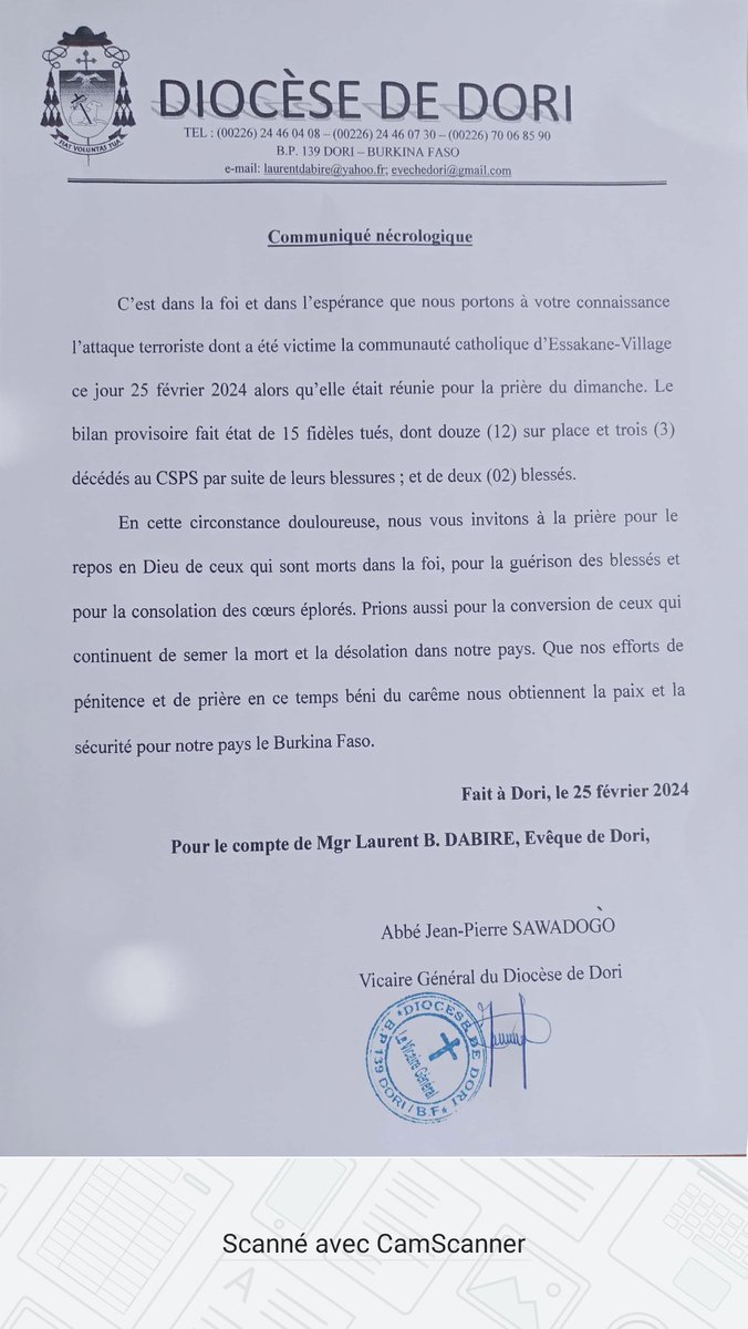 JusteMien's tweet image. #BurkinaFaso
#Diocèse de #Dori
Attaque dans une église du village d'#Essakane à #Dori, ce 25 février 2024. Le bilan fait au moins 15 décès, 12 sur place et 3 au CSPS. #Lwili