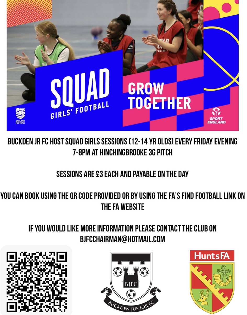 Our Squad girls session are every Friday at hinchingbrooke 3G 7-8pm

You can book using the QR link or via the FA’s find football website 

find.englandfootball.com

PLEASE SHARE TO HELP US REACH POSSIBLE PLAYERS FAR AND WIDE 

<a href="/HuntsFA/">Huntingdonshire FA</a> <a href="/HuntsSSP/">Hunts SSP</a> <a href="/Hunts_YL/">Hunts Youth League</a> <a href="/CambsFA/">Cambridgeshire FA</a> <a href="/StNeotsHour/">St Neots Hour</a>