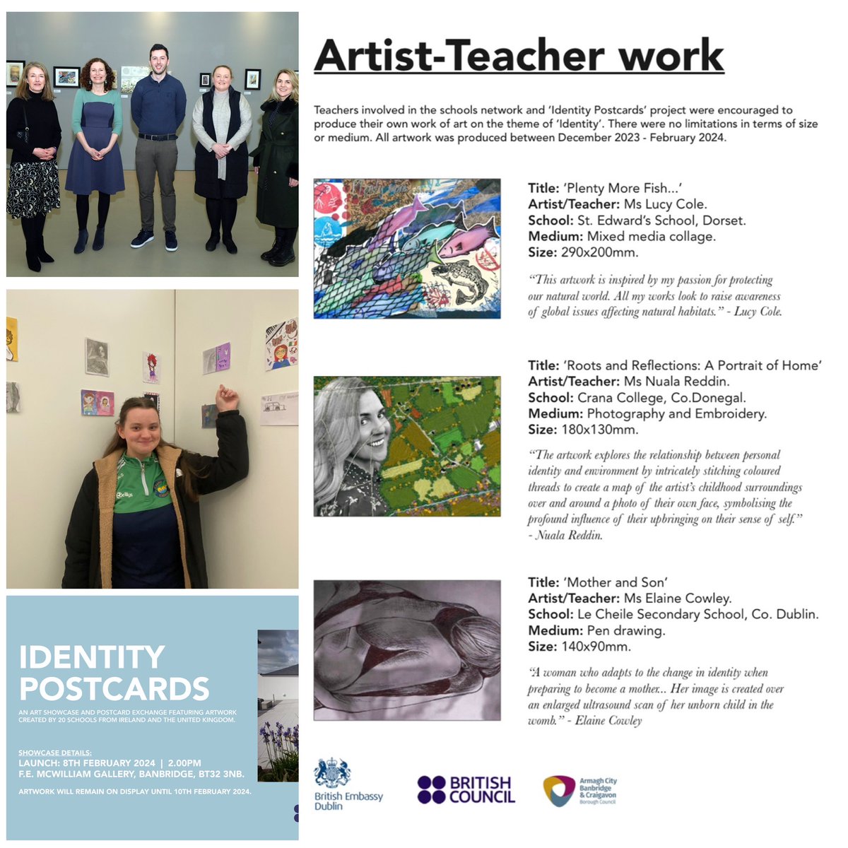 cranacollegeart's tweet image. The 2nd phase of #identity #creativepostcards exhibition recently launched at @FEGALLERY &amp;amp; included artwork by students &amp;amp; teachers. Ms Reddin’s group enjoyed seeing their work on display &amp;amp; meeting other participants
@ieBritish @BritEmbDublin @F_Kilkenny 
#WeAreDonegalETB