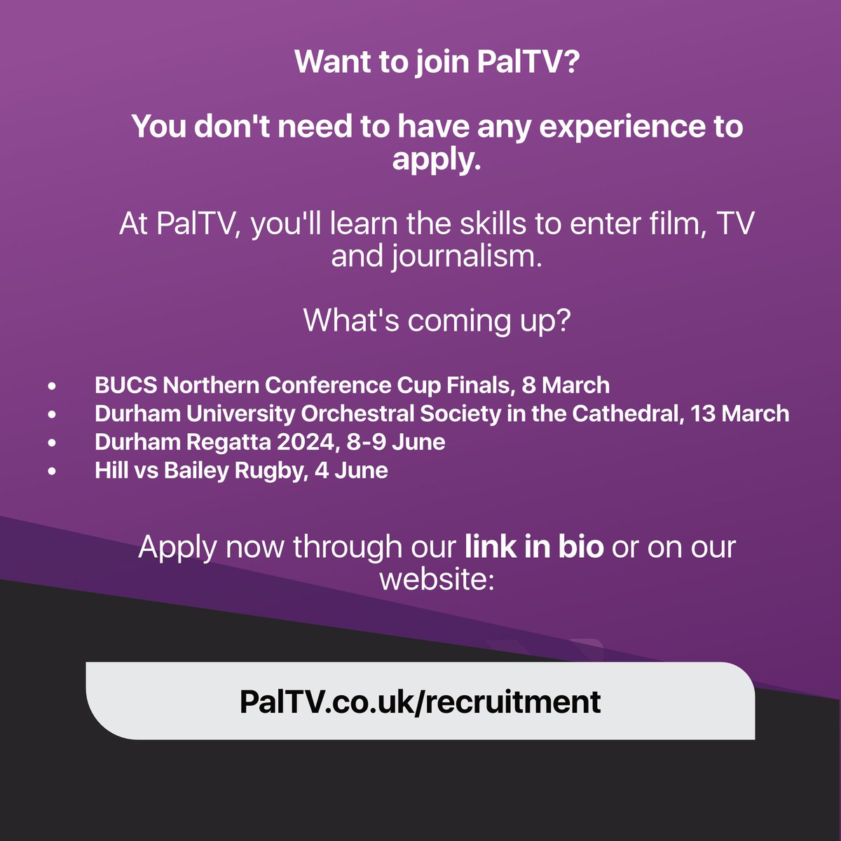 Interested in joining the UK's best student TV station? We're opening applications! Apply through PalTV.co.uk/recruitment