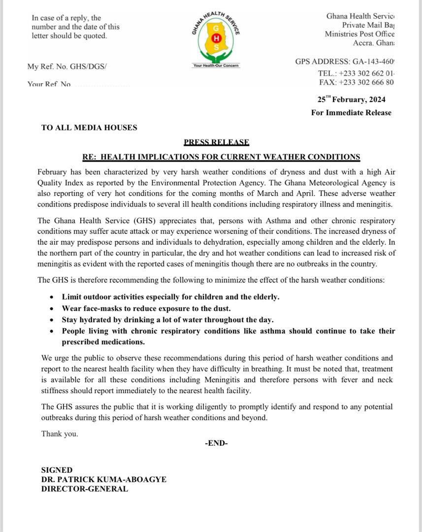 _GHSofficial's tweet photo. ❗️PRESS RELEASE ❗️
RE: Health Implication for Current Weather Conditions https://t.co/Gdqi9CqV8G