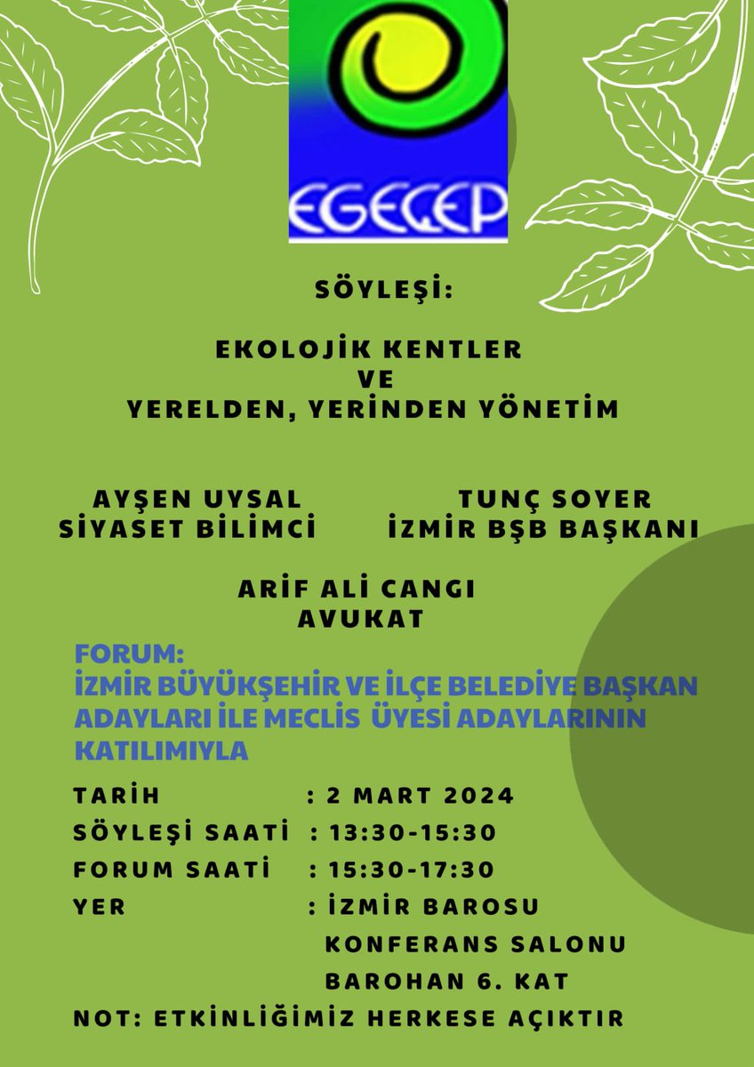 #EGEÇEP 'in 17.Kurultayı 2-3 Mart'ta gerçekleşecek. Kurutayın ilk günü kamuya açık 'Ekolojik Kentler ve Yerelden, Yerinden Yönetim' başlıklı söyleşi ve forum düzenlenecek. Müşterek varlıkların korunması,yaşanabilir bir dünya için yapacağımız çok şey var.