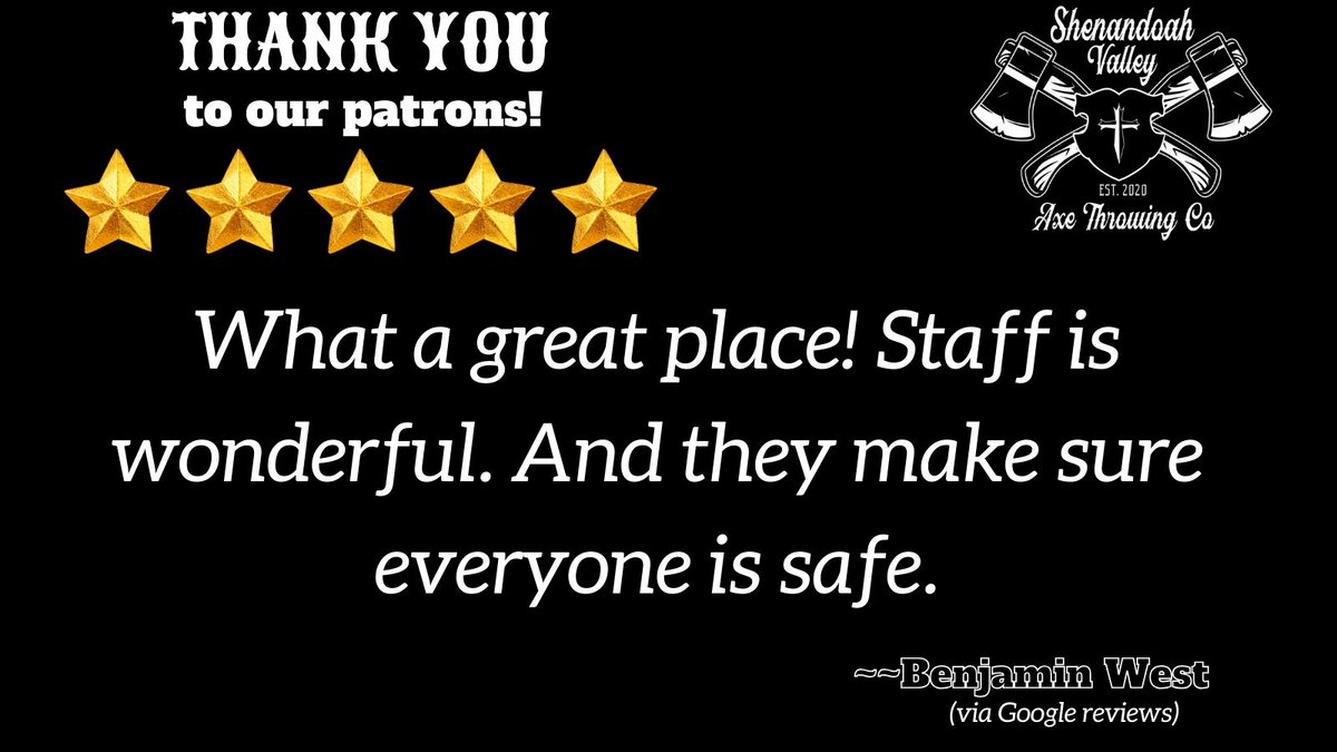 We would like to say a huge thank you back to our wonderful community. Here's what some of our customers are saying!
#discoverfrontroyal #axethrowing #shenandoahaxethrowingco #SVAXECO #fivestarreview #safe #wonderful