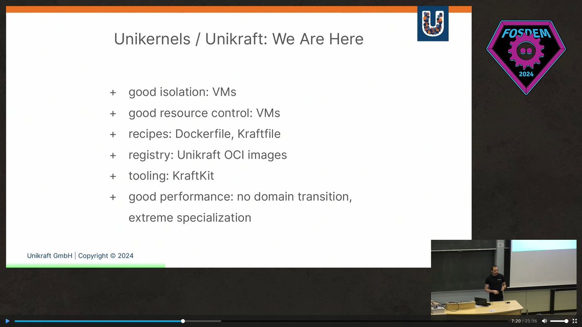 UnikraftSDK's tweet image. The recording of @razvandeax &apos;s talk at FOSDEM&apos;24 (together with corresponding resources - slides, demos) is available online[1]. Check it out to discover why and how &quot;Unikernels are Here&quot; 🚀

[1] fosdem.org/2024/schedule/…