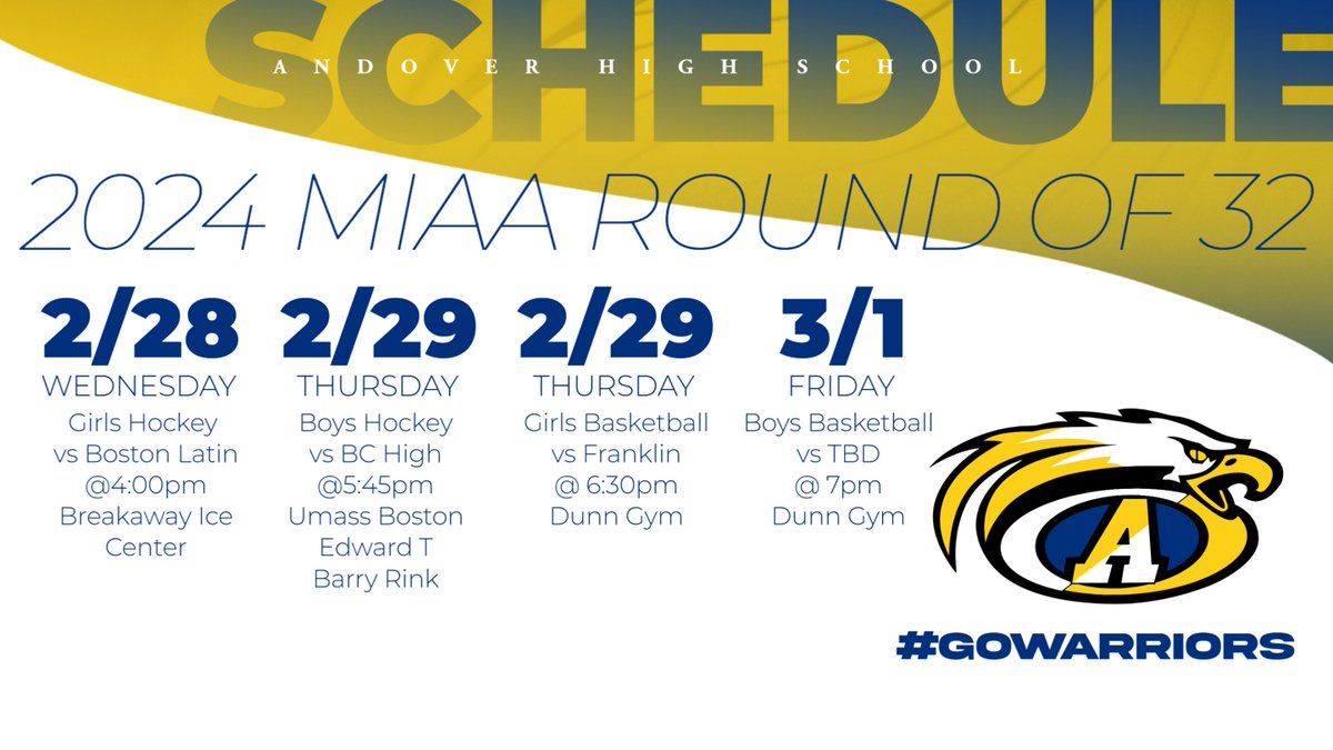 TOURNEY TIME! Check out all of our Round of 32 games! Tickets will soon be available - only on GoFan!  gofan.co/app/school/MA1…