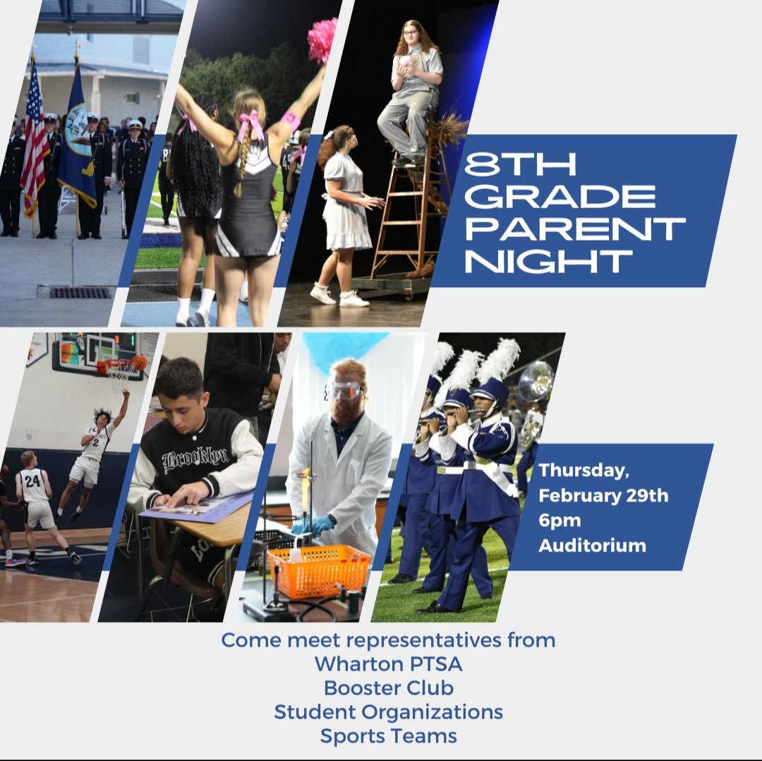Attention future Wharton Wildcats! Join us this Thursday for 8th grade parent info night.