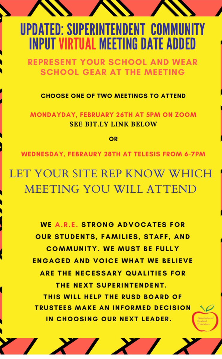 Our Voice is important for our students. Tomorrow join the zoom to give your input on who should be the next leader of RUSD or go in person Wednesday at Telesis.