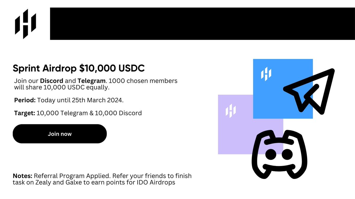 Huostarter's tweet photo. Huostarter Sprint Airdrop Campaign worth 10,000 $USDC Prize Pool for 1000 Winners!  

Period: Today until 25th March 2024  

Finish Task: https://t.co/nPHHyikwFa

#BLAST_L2 #Blast https://t.co/103qfRt02J