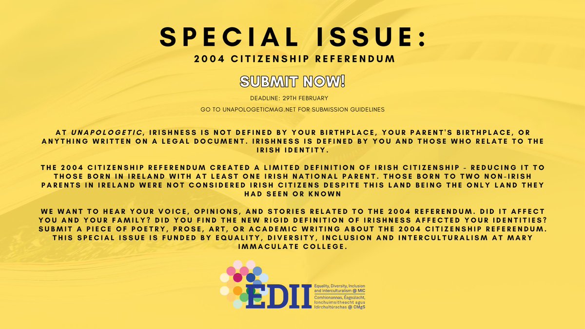 The deadline for the Special Issue: 2004 Citizenship Referendum of Unapologetic Magazine is creeping up fast! Remember to check out unapologeticmag.net for our submission guidelines and email your submissions to us by the 29th of February!