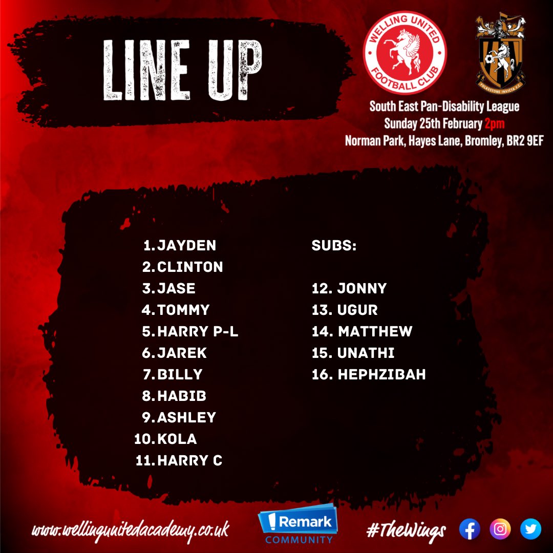 Today’s line up against Folkestone Invicta FC. 
#WingsFamily
#WeAreWings
#AllInThisTogether
#WellingUnited
#WUDFC