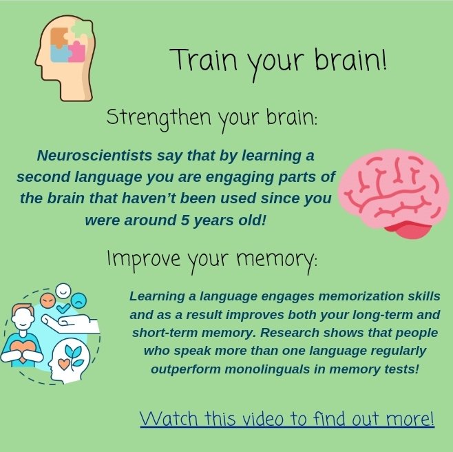 Are languages your future?
Learning a language puts your brain through its paces and keeps it fit and healthy! Evidence suggests that bilingual people are less likely to develop diseases like Alzheimer's.
Watch the video in replies to find out more!