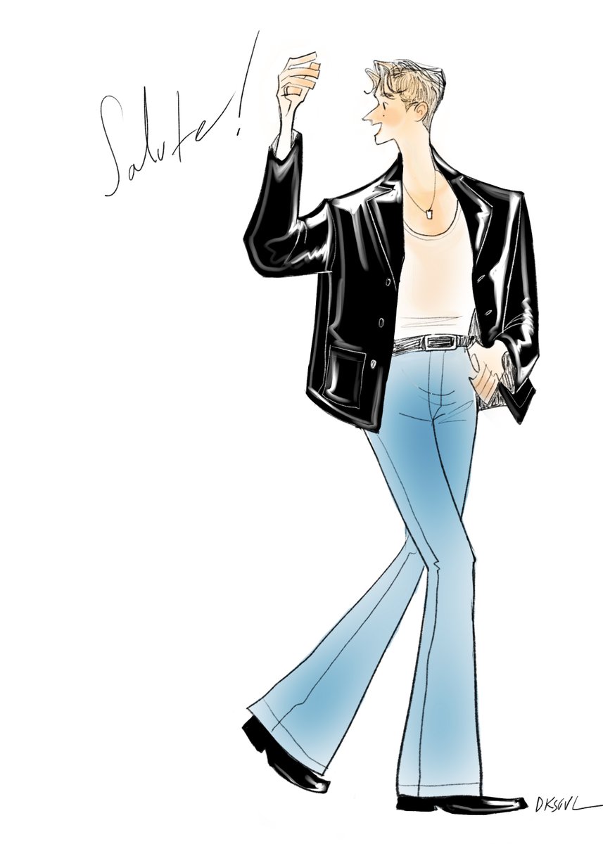 1boy solo male focus jacket pants jewelry denim  illustration images