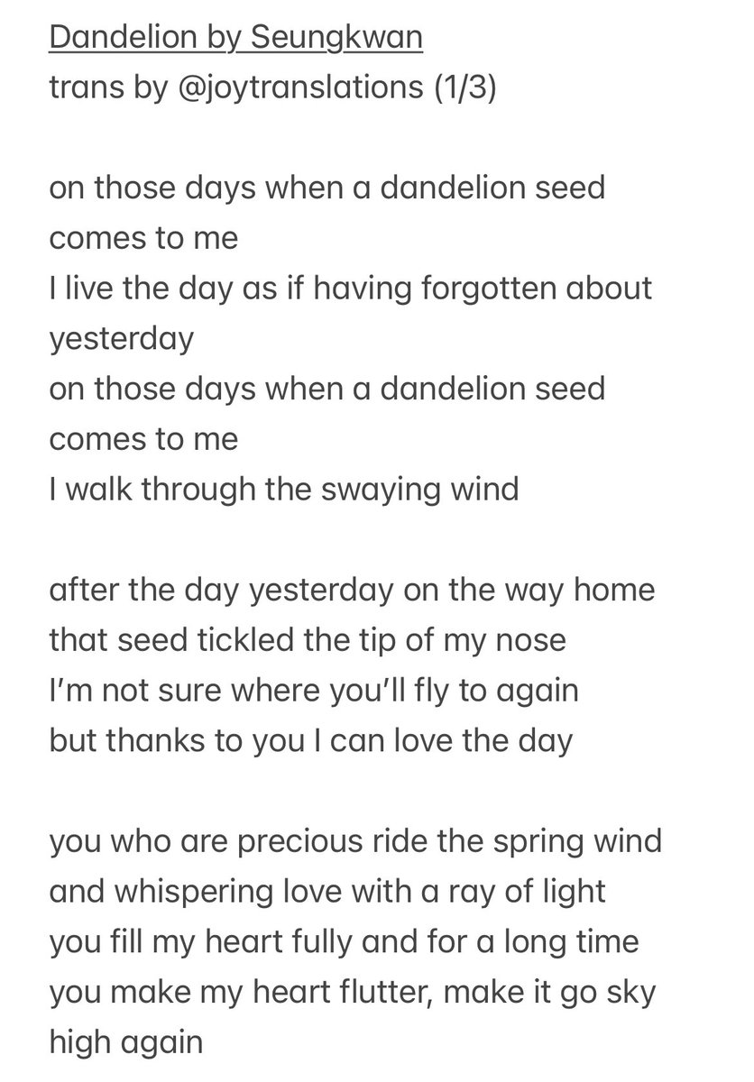 joytranslations's tweet photo. < Dandelion > by svt seungkwan
eng lyrics trans 

thank you for always remembering him 💜 https://t.co/OE95rzL62t