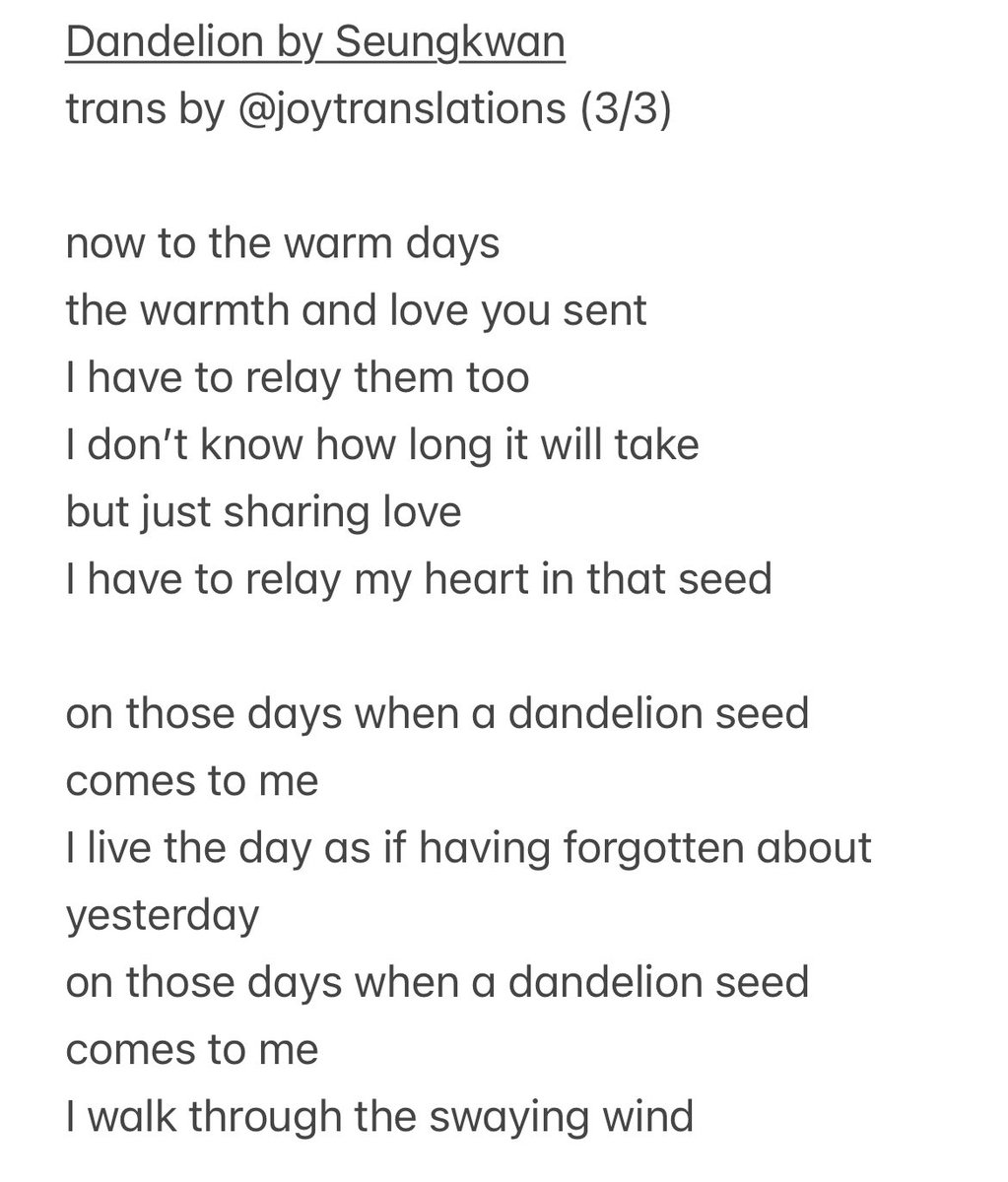 joytranslations's tweet photo. < Dandelion > by svt seungkwan
eng lyrics trans 

thank you for always remembering him 💜 https://t.co/OE95rzL62t