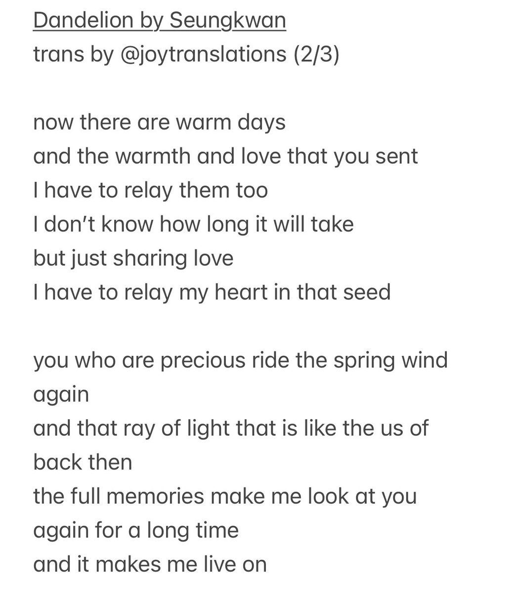 joytranslations's tweet photo. < Dandelion > by svt seungkwan
eng lyrics trans 

thank you for always remembering him 💜 https://t.co/OE95rzL62t