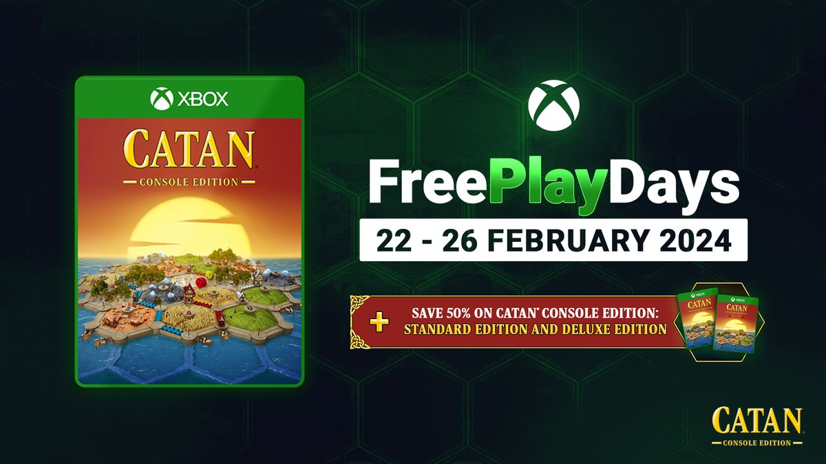 DTGBoardgames's tweet photo. Xbox Players - begin your CATAN adventures with the Free to Play Weekend! ๐
๐ ๏ธ Build Roads
๐ Trade Resources
๐ Race to Settle the Catanian Land!
Find out more ๐ https://t.co/XYGSKqksEJ
#CATANConsole #FreeToPlayXbox https://t.co/tFUOUwWg0r