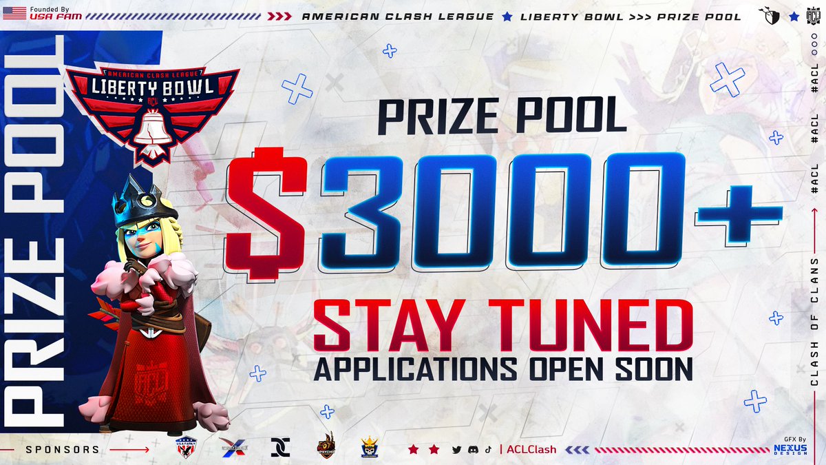AmericanClashLeague (@aclclash) on Twitter photo We have been working hard on the next event! We are excited to get Liberty Cup underway with even a bigger prize pool than Independence Cup. Stay tuned! #ACLLC24
<a href="/CoCEsports/">Clash of Clans Esports</a>
<a href="/Clash_Network/">Competitive Clash Network</a> We have been working hard on the next event! We are excited to get Liberty Cup underway with even a bigger prize pool than Independence Cup. Stay tuned! #ACLLC24
<a href="/CoCEsports/">Clash of Clans Esports</a>
<a href="/Clash_Network/">Competitive Clash Network</a>