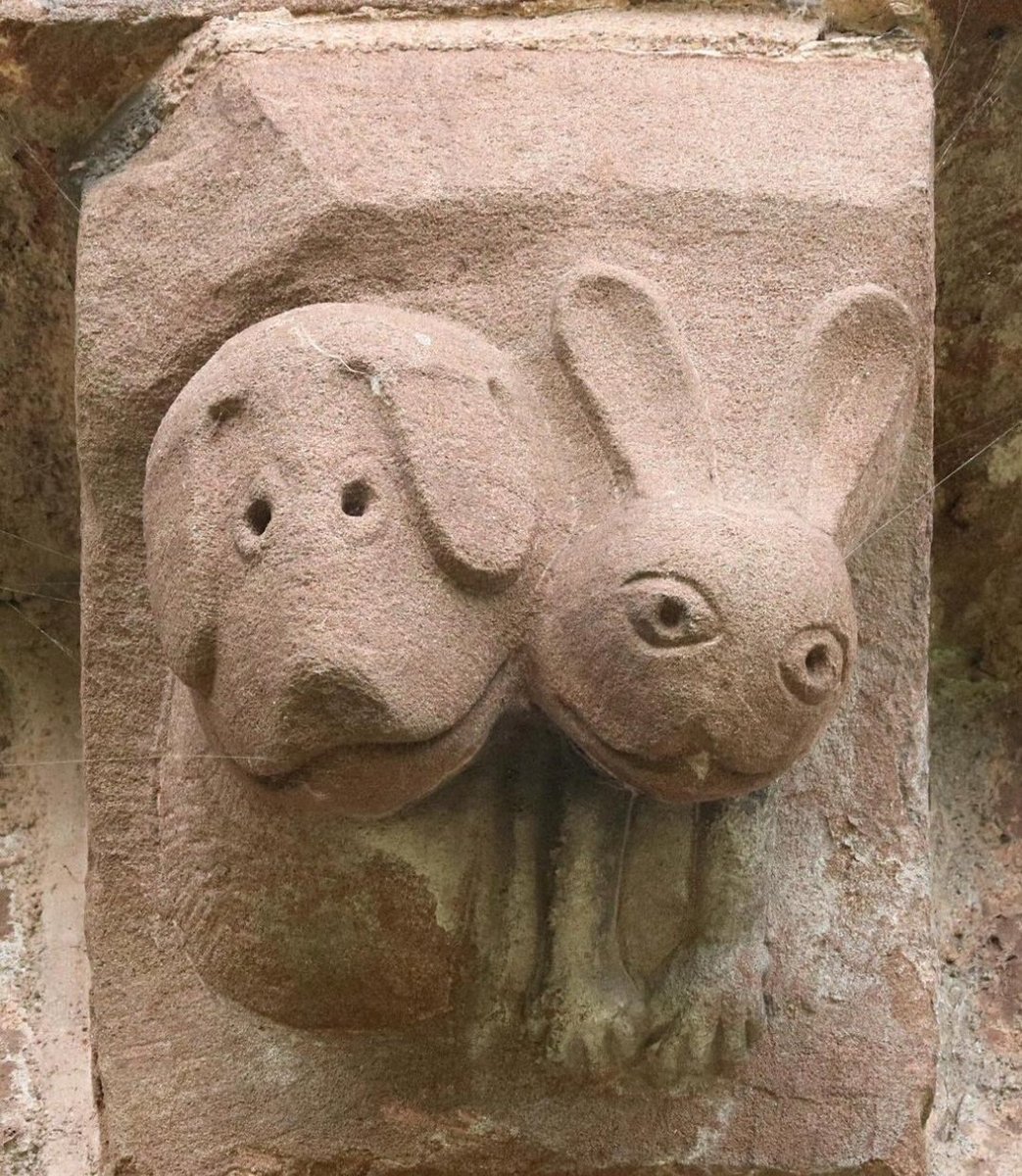 folkhorrorforum's tweet image. MEDIEVAL-Stone corbel depiction of a hound and hare inside the church of St.Mary &amp;amp; St.David in Kilpeck, looking for all the world like the two bestest pals in the world