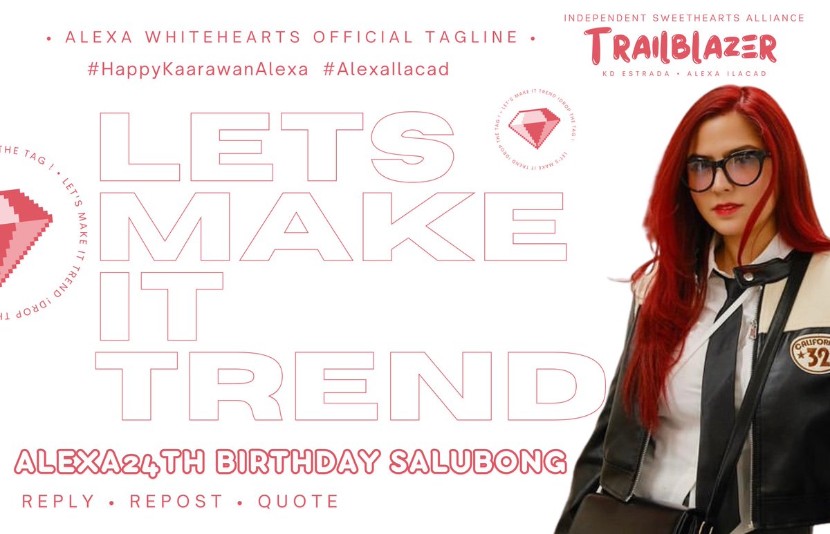 KDLEX ISA TRAILBLAZER OFC (@kdlextblazerofc) on Twitter photo X Party! for <a href="/alexailacad/">Alexa Ilacad ☾</a>
OFFICIAL TAGLINE:
ALEXA24TH BIRTHDAY SALUBONG
#HappyKaarawanAlexa
#AlexaIlacad #KdLex
Let's make it Trend !
Kindly drop the tag if you see this post. Thank you! X Party! for <a href="/alexailacad/">Alexa Ilacad ☾</a>
OFFICIAL TAGLINE:
ALEXA24TH BIRTHDAY SALUBONG
#HappyKaarawanAlexa
#AlexaIlacad #KdLex
Let's make it Trend !
Kindly drop the tag if you see this post. Thank you!