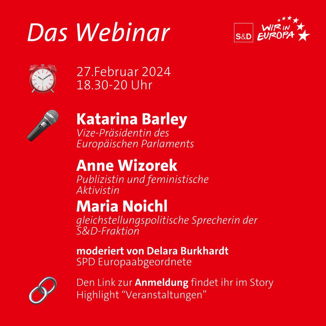 Unser nächstes #KlarText-Webinar steht an! Wie steht es um #Frauenrechte in Europa und wie können wir sie verteidigen & stärken? Diskutiert nächste Woche mit den SPD-Europaabgeordneten @katarinabarley und @MariaNoichl sowie Aktivistin @marthadear. #Equality Zur Anmeldung ⬇️ 1/2