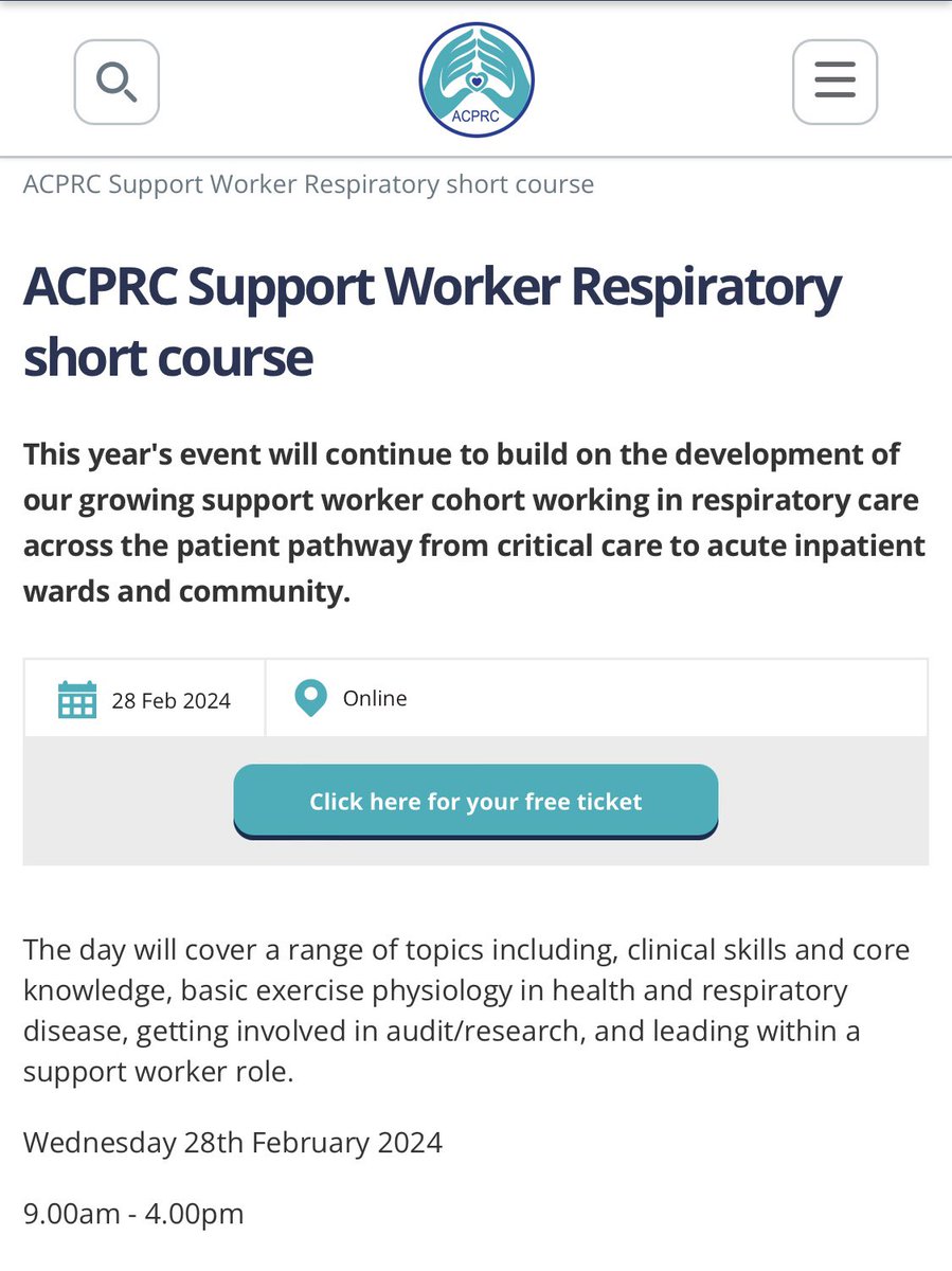 It’s our ACPRC Support Worker Respiratory short course this Wednesday 28th Feb! It’s online and free, so please join us and spread the word! #respiratory #HCSW @thecsp