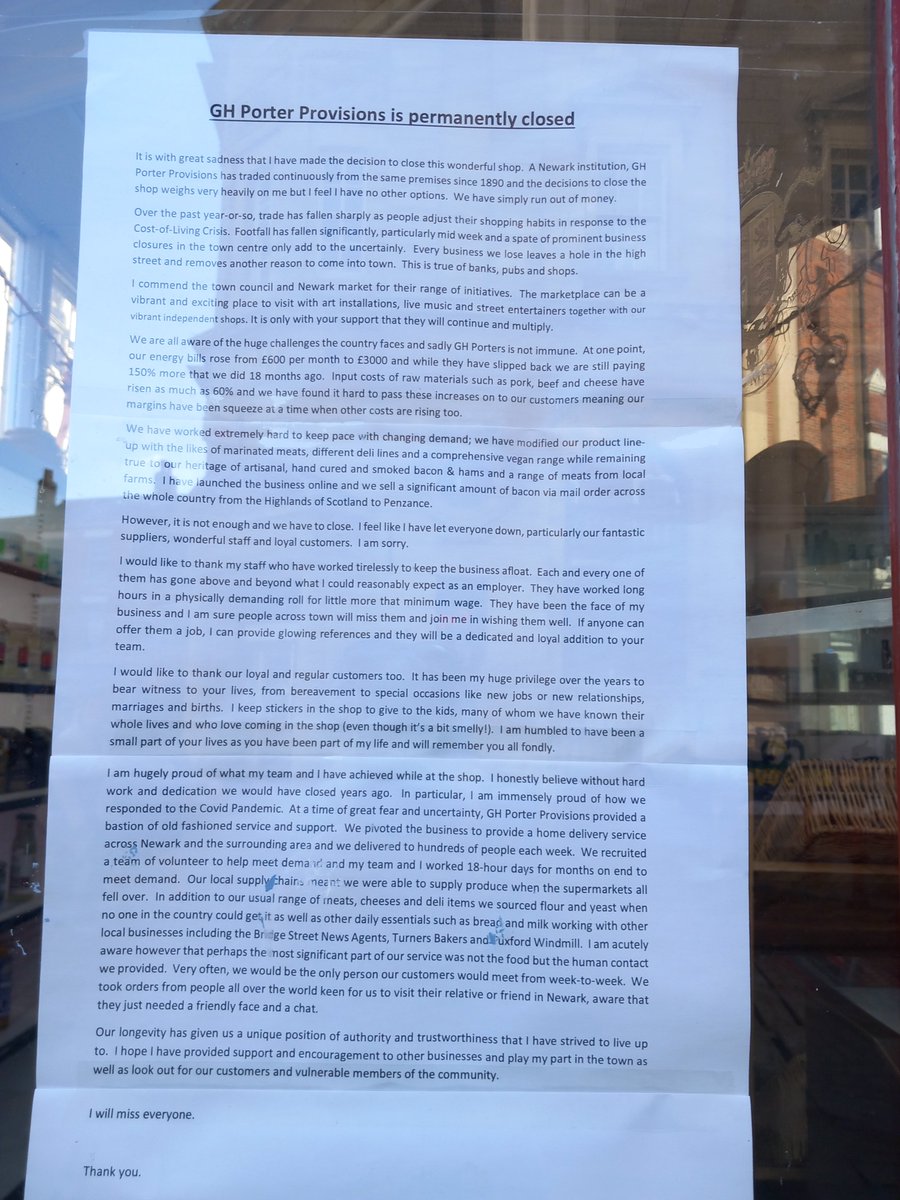 This is a heartbreaking letter pinned to the door of a fabulous butcher's shop in Newark. It has traded for over 170 years but has been forced to close for the reasons so eloquently expressed. I'm not ashamed to admit that it made me weep.