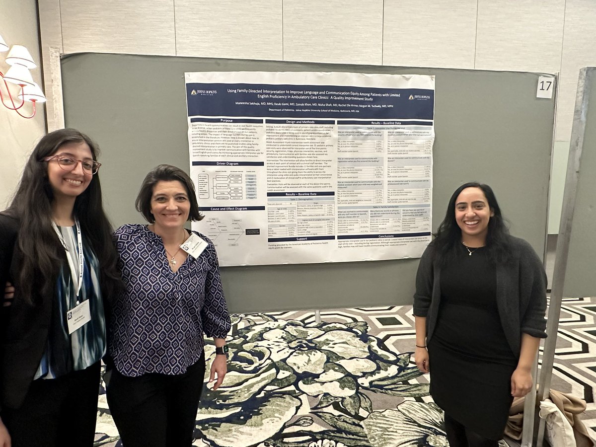 Dr. Maneesha Sakhuja, Dr. Devki Gami sharing their team’s great work on language and communication equity @HopkinsKids with mentor Dr. Megan Tschudy at #APA4 @AcademicPeds