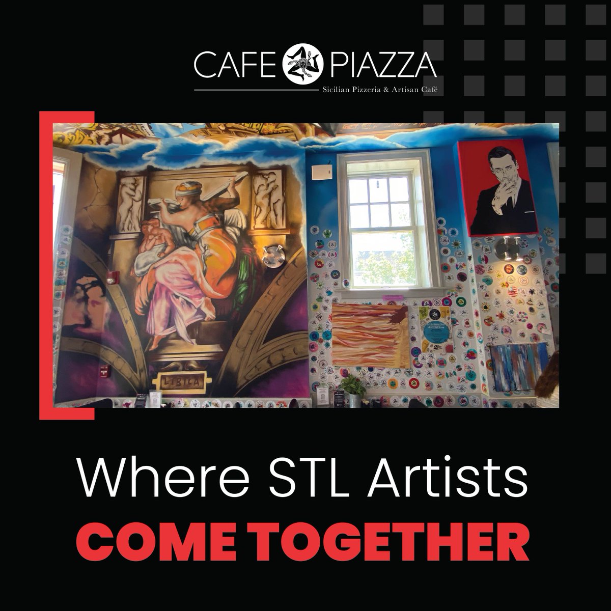 Cafe Piazza is not just a feast for the palate, but a canvas for local talent. Reach out to us to showcase your art, and we'll turn our walls into your gallery. 

Let your creativity shine as our patrons indulge in both culinary and artistic delights!

#STLArt #CafePiazzaArtScene