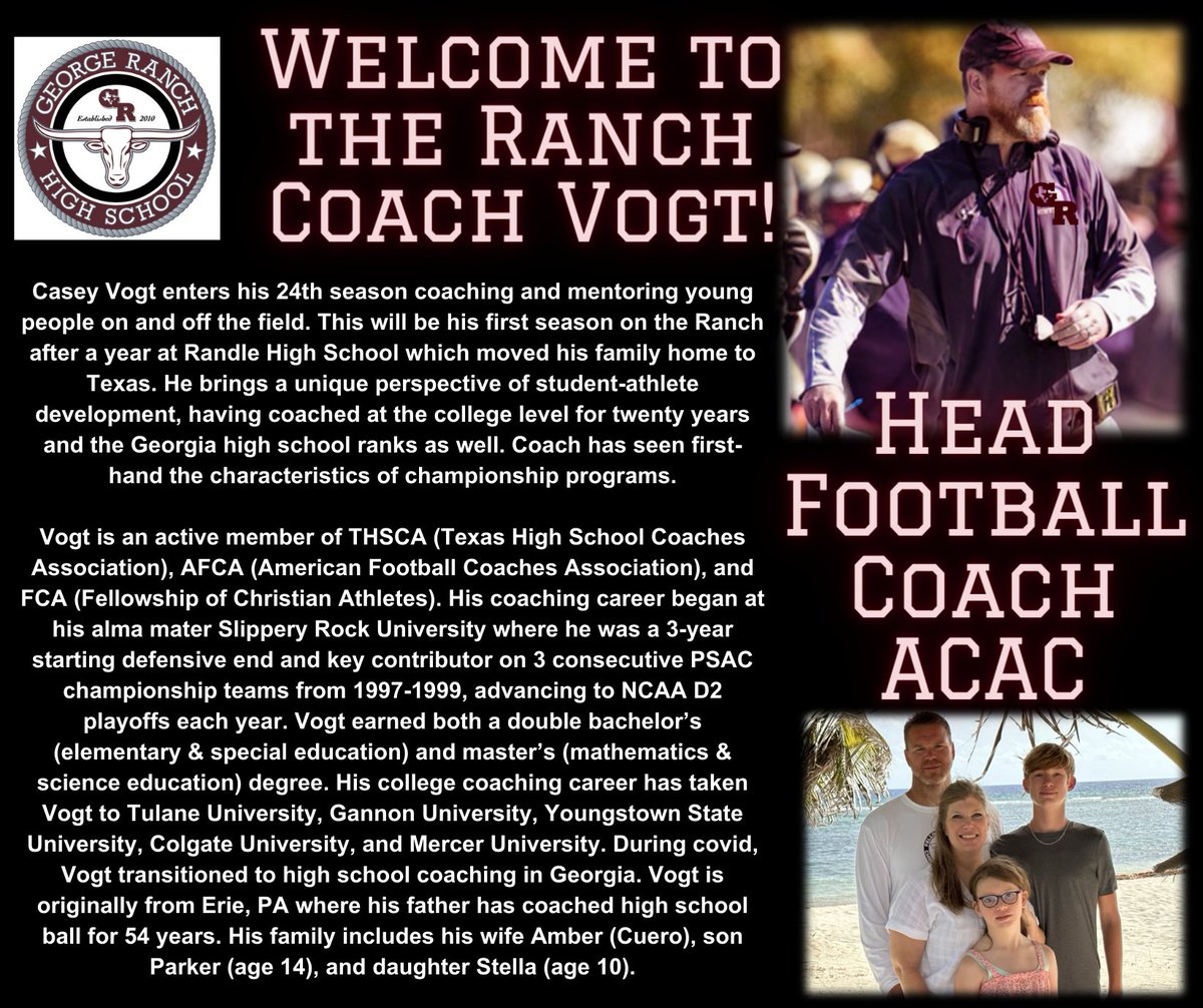 Hey @WeAreGRHS community! Help me welcome Coach Vogt and his family to the Ranch! #WeAreGR