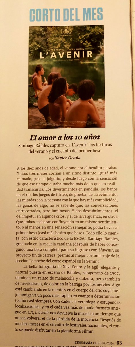 Javier Ocaña (@ocanajavier) on Twitter photo El amor a los 10 años.
He escrito en <a href="/CINEMANIA_ES/">CINEMANIA_ES</a> sobre 'L'avenir', cortometraje de <a href="/santi_rafales/">santiagooo</a> con las texturas del verano y el encanto del primer beso. Se puede disfrutar en <a href="/Filmin/">Filmin</a>. El amor a los 10 años.
He escrito en <a href="/CINEMANIA_ES/">CINEMANIA_ES</a> sobre 'L'avenir', cortometraje de <a href="/santi_rafales/">santiagooo</a> con las texturas del verano y el encanto del primer beso. Se puede disfrutar en <a href="/Filmin/">Filmin</a>.