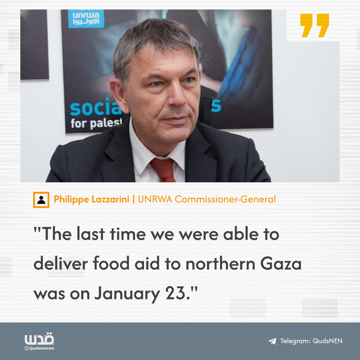 QudsNen's tweet photo. The UN World Food Programme (WFP) halted the provision of essential food aid to northern Gaza days ago, pending the establishment of conditions suitable for safe distributions.

Alongside Israel's blockade, which prevents food convoys from reaching northern Gaza, famine now threatens the lives of over half a million Palestinians.