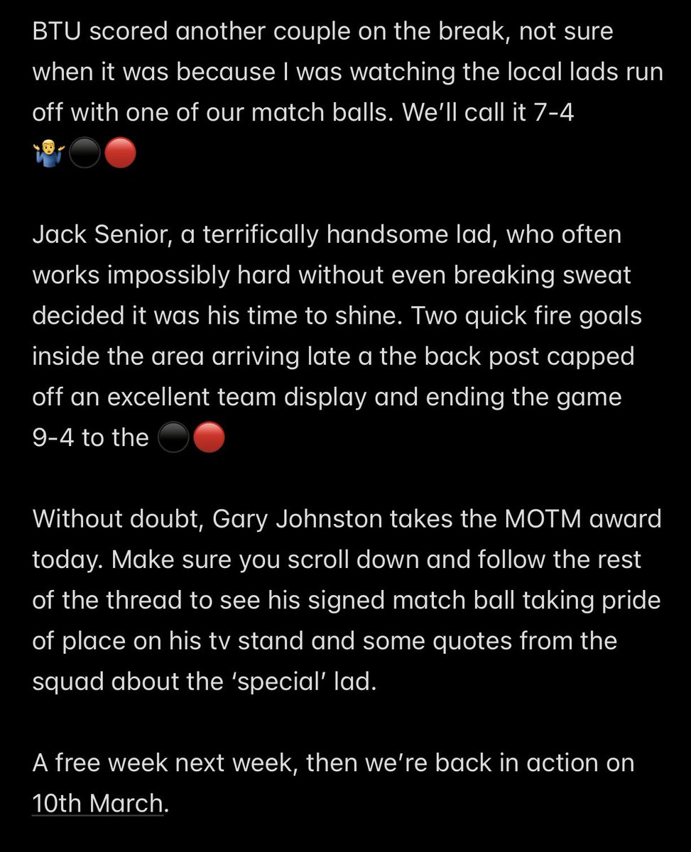 Match report vs Border Towns United from today. 

<a href="/Ryansmith_251/">Ryan</a> ⚽️
<a href="/OllieRebanks/">Ollie Rebanks</a> ⚽️
Gary Johnston ⚽️⚽️⚽️
<a href="/Lukehowe31/">Luke Howe</a> ⚽️
Jack Senior ⚽️⚽️
Gary Johnston 🎖️

Carry on reading for the squad being really kind about Gary and a snap of his unexpected (fucking miraculous) match ball.
