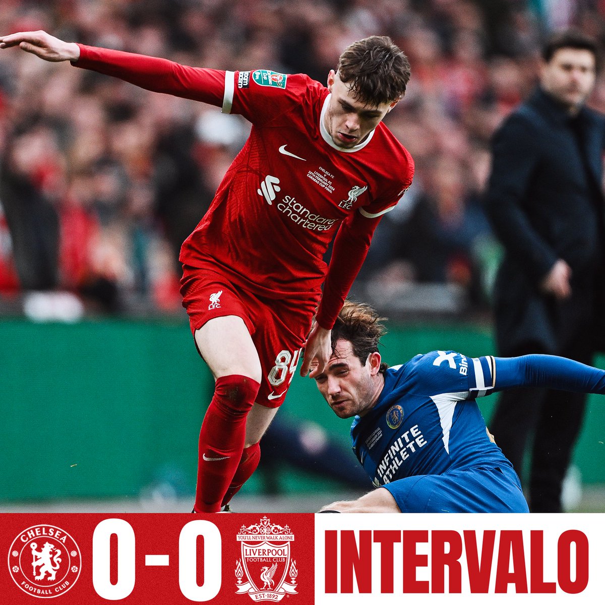 LFCBrasil's tweet photo. Fim de primeira etapa! ⌛️

Vamos em busca da vitória na segunda etapa! 👊🔴

#CarabaoCupFinal https://t.co/rxFolBuhQ2