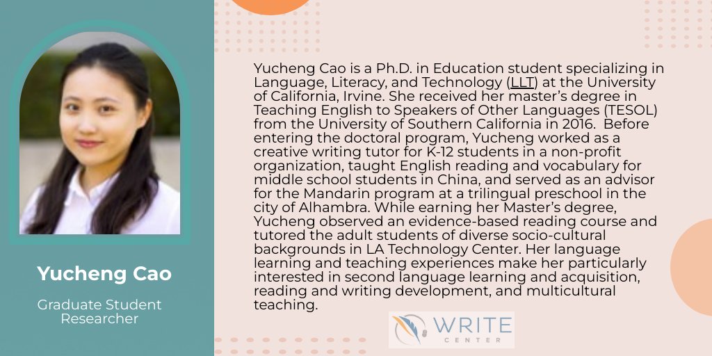 Meet the Team! Yucheng Cao is a Graduate Student Researcher. To learn more about their work in education or from our leadership team, visit writecenter.org/leadership-tea…