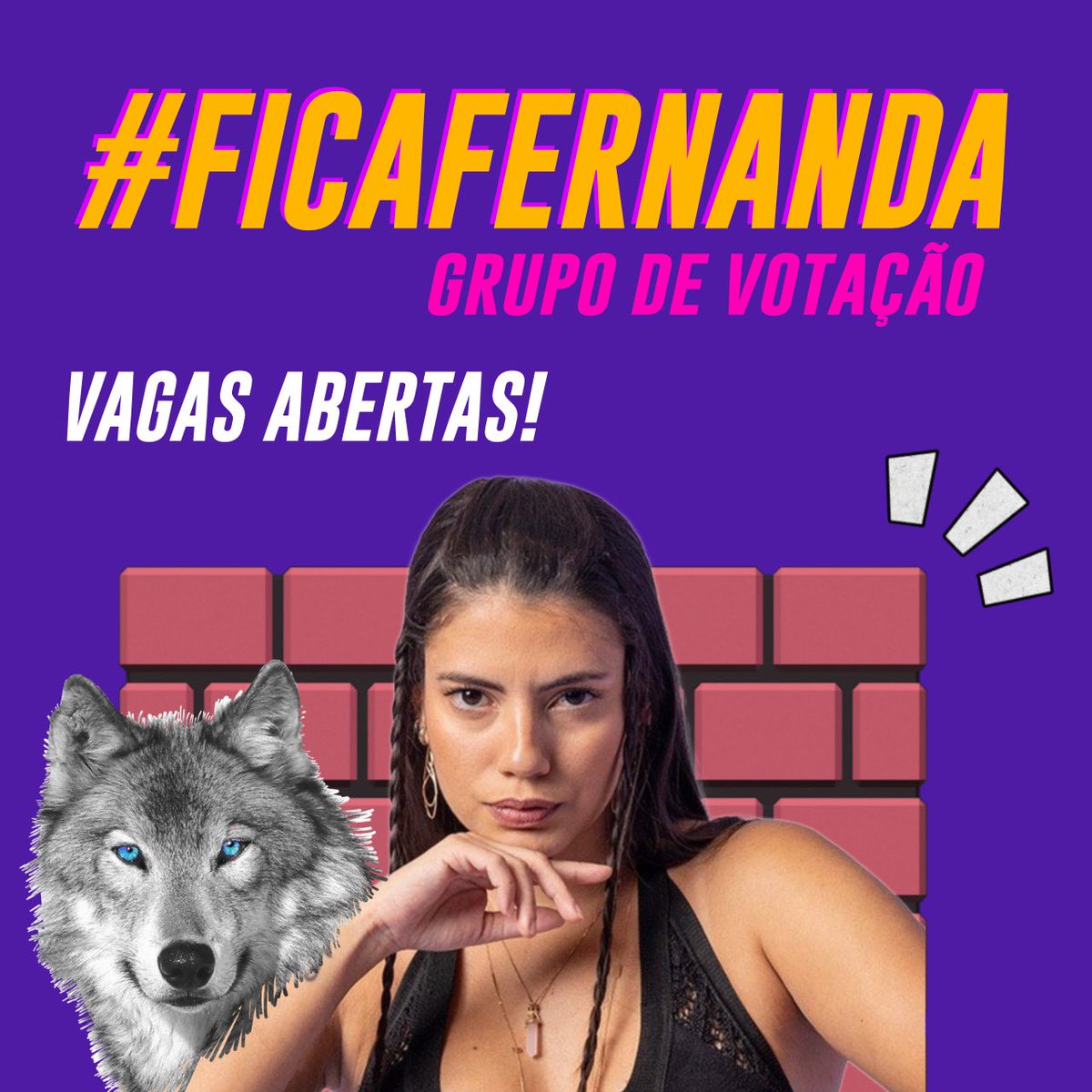 GRUPO DE VOTAÇÃO #FicaFernanda 🐺

Para entrar: 

- Dar Fav/RT neste tweet 
- Comentar “ 🐺 “ 
- Estar preparado para votar MUITO neste paredão! 💪🏻

#BBB24