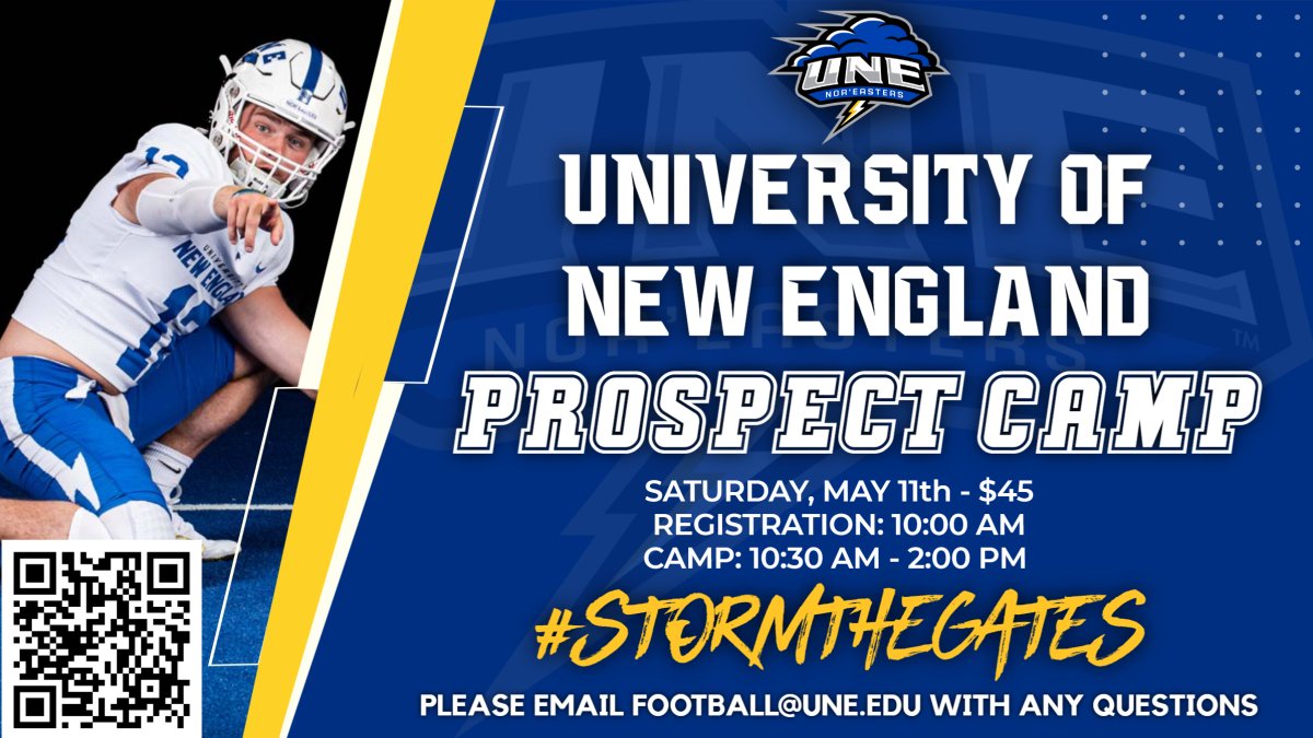 Our first prospect camp will be held on Saturday, May 11th. Open to anyone who is currently in or entering high school. Come kick off camp season at UNE!🌩️🏈 #STG Link: forms.gle/hUzkxowh7zxUwS…