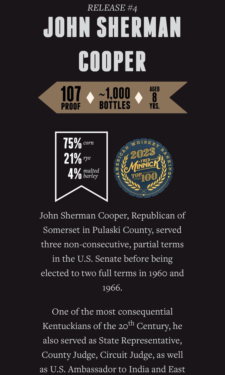 KentuckySenator's tweet image. The 4 releases…so far..with mashbills &amp;amp; info on each namesake.  Who will grace our 5th release bottle this summer? 🥃