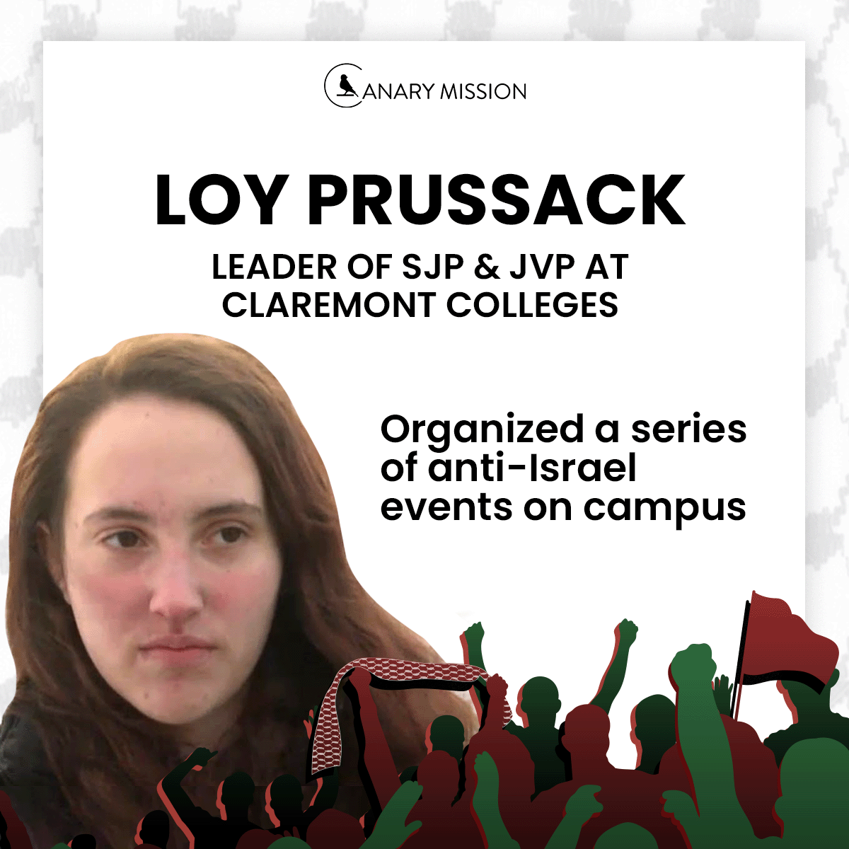 canarymission's tweet photo. Loy Prussack, a leader of SJP & Jewish Voice for Peace at Claremont Colleges, organized a series of anti-Israel events on campus. At a JVP “Shabbat for Ceasefire,” Prussack said: “Calling for a ceasefire goes hand-in-hand with other traditional Jewish practices, such as Shabbat…” Actually, calling for a ceasefire hands a victory to a genocidal terror org. https://t.co/mm6gfnBM2t