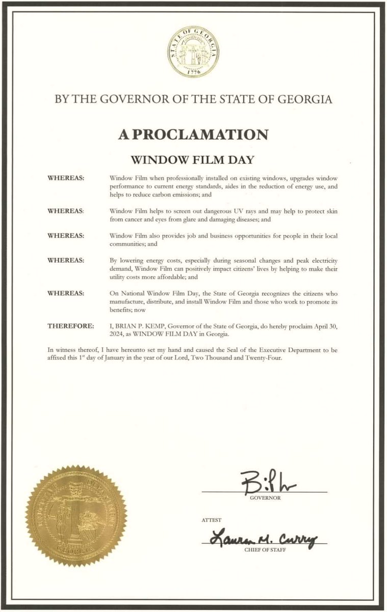 IWFAforDealers's tweet photo. COUNTDOWN National Window Film Day April 30. We have received the proclamation from the State of #Georgia. Thank you Governor BRIAN P. KEMP. https://t.co/I1bvso9DB1
#IWFA #NWFD #windowfilm
#tinting #education #resources https://t.co/TPJ5iWe60q