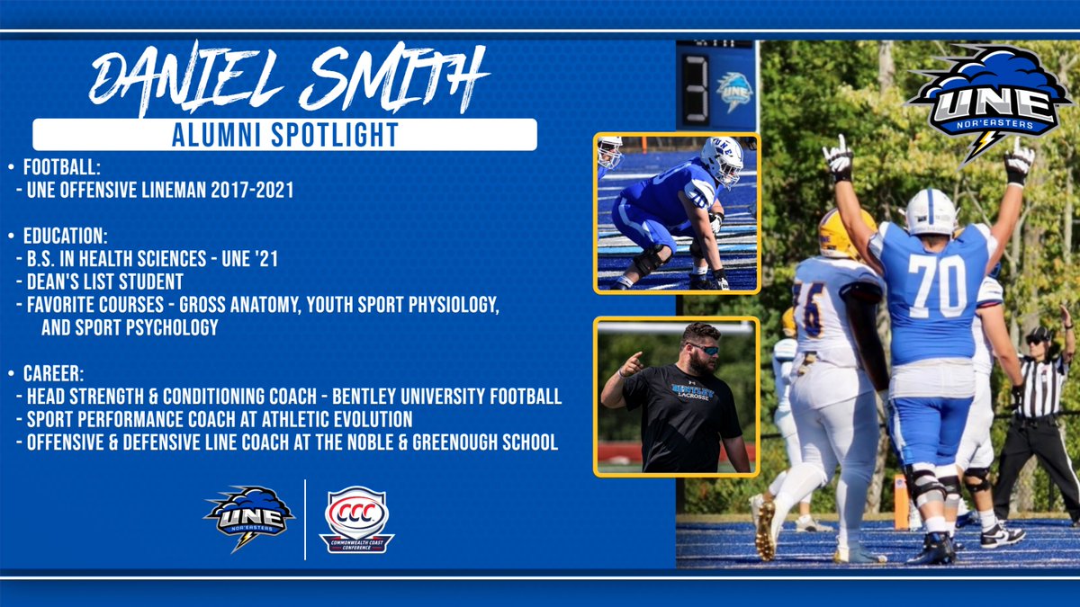 Daniel Smith is the next target of our spotlight. After graduating from UNE, Dan has been busy working as a Strength & Conditioning Coach at both a private facility and with Bentley University Football. He also serves as the OL/DL Coach at the Noble & Greenough School. 🌩️🏈 #STG