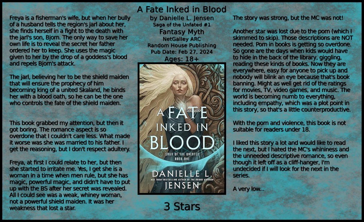A Fate Inked in Blood by Danielle L. Jensen Saga of the Unfated #1 #Fantasy #Myth @NetGalley ARC Random House Publishing Pub Date: Feb 27, 2024 Ages: 18+ A very low... 3 Stars #AFateInkedinBlood #BookTwitter #bookblogger #bookworm #BookBlogging #bookreviews #NetGalley