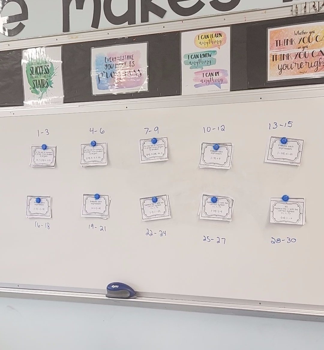 Quackenbushmath's tweet photo. 6th grade using task cards to practice finding absolute value. Love a simple activity that involves some movement, &amp; so do the kids! #mathisfun
 @dealschool https://t.co/T8E5WPOBCZ