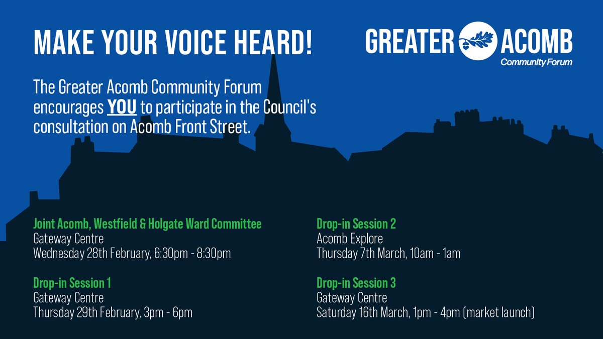 We encourage Acomb residents and visitors to participate in the City of York Council's consultation on Acomb Front Street Phase 2. Come along to the following drop-in sessions to share your views!

#acomb #acombfrontstreet