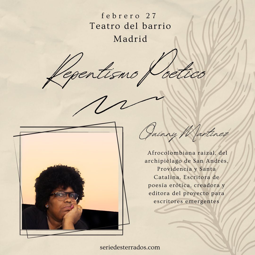 Desterrados (@desterradosdocu) on Twitter photo 🎤 Disfruta de repentismo poético.
🌺 Iris " Quinny" Martínez. Reside en España desde 2013. Afrocolombiana raizal, del archipiélago de San Andrés, Providencia y Santa Catalina. Periodista, bloguera, poeta.
🗓 27 de febrero 19h
📍<a href="/teatrodelbarrio/">JULIO ANTON</a>
🎫 n9.cl/atx21 🎤 Disfruta de repentismo poético.
🌺 Iris " Quinny" Martínez. Reside en España desde 2013. Afrocolombiana raizal, del archipiélago de San Andrés, Providencia y Santa Catalina. Periodista, bloguera, poeta.
🗓 27 de febrero 19h
📍<a href="/teatrodelbarrio/">JULIO ANTON</a>
🎫 n9.cl/atx21