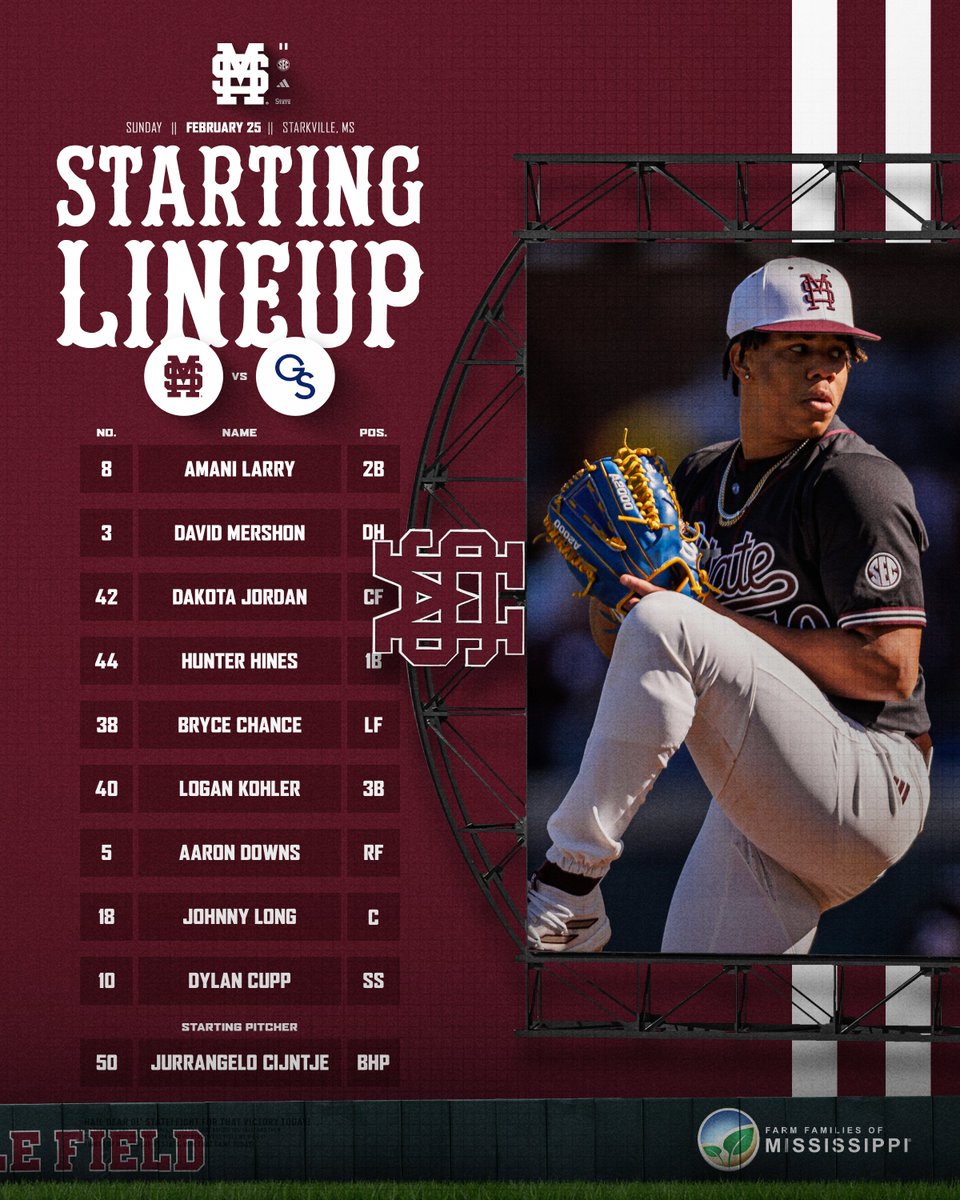 HailStateBB's tweet image. Game 8️⃣ Starters                

📊 » hailst.at/StatBroadcast 
📺 » hailst.at/4bH7VLT
📻 » hailst.at/audio 

#HailState🐶 | @farmfamiliesms