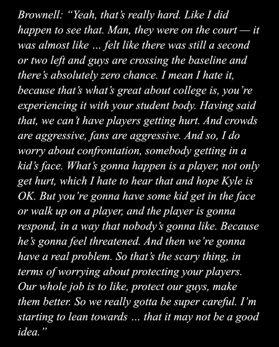 Last night, #Clemson head coach Brad Brownell was asked about court-storming, in wake of Kyle Filipowski’s injury. This was his response: